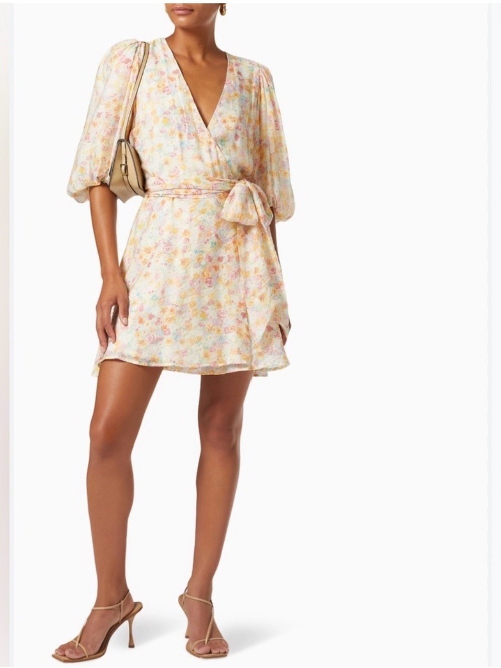 Mink Pink Elvire pastel floral mini wrap dress puff sleeve Wedding Guest Party